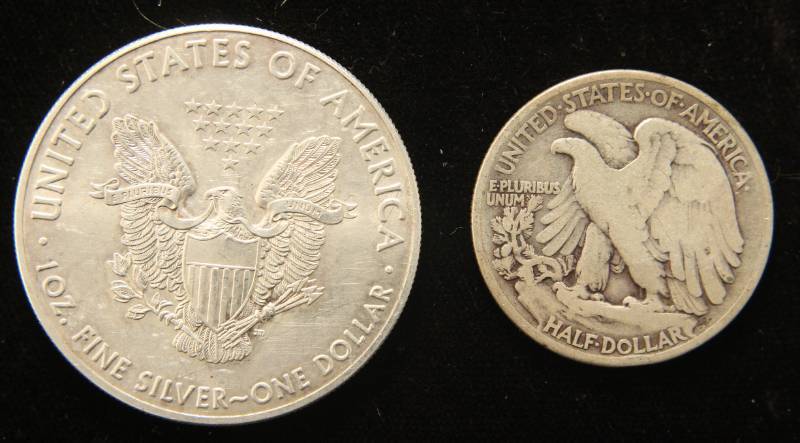 lot 55 image: 2 COINS 1937 WALKING LIBERTY HALF & 2016 SILVER EAGLE