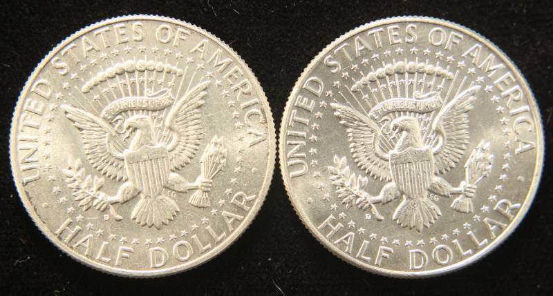 lot 64 image: 2 AU-UNC 1964-D KENNEDY SILVER HALF DOLLARS