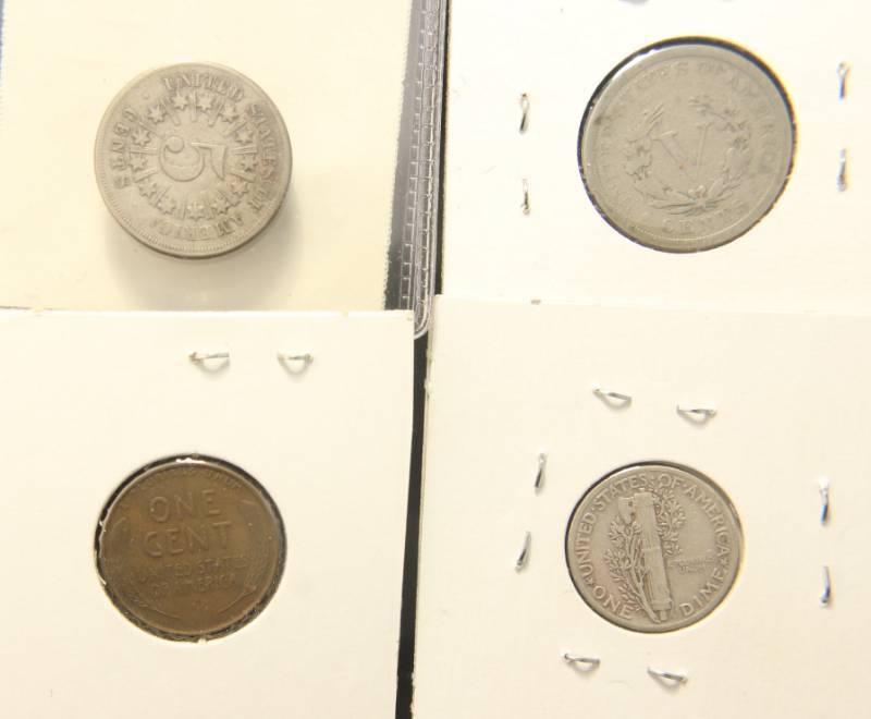lot 65 image: 4 COINS 1866 SHIELD 5C 1906 V 5C 1943 MERCURY DIME & A WHEAT CENT