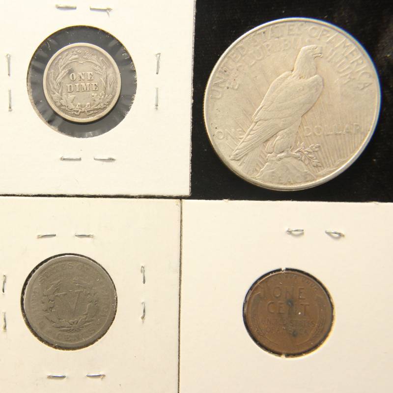 lot 69 image: 4 COINS 1922 PEACE SILVER DOLLAR 1900 BARBER 10C 1911 V NICKEL & A WHEAT