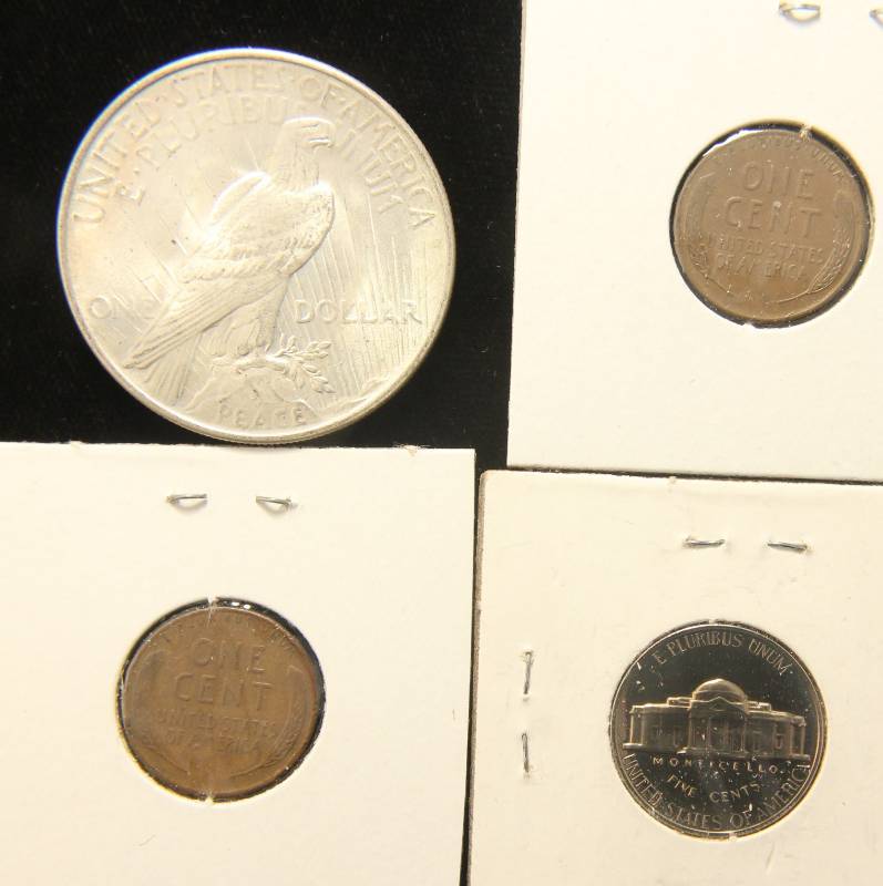 lot 72 image: 4 COINS 1922 PEACE SILVER DOLLAR A PROOF NICKEL 2 WHEAT CENTS