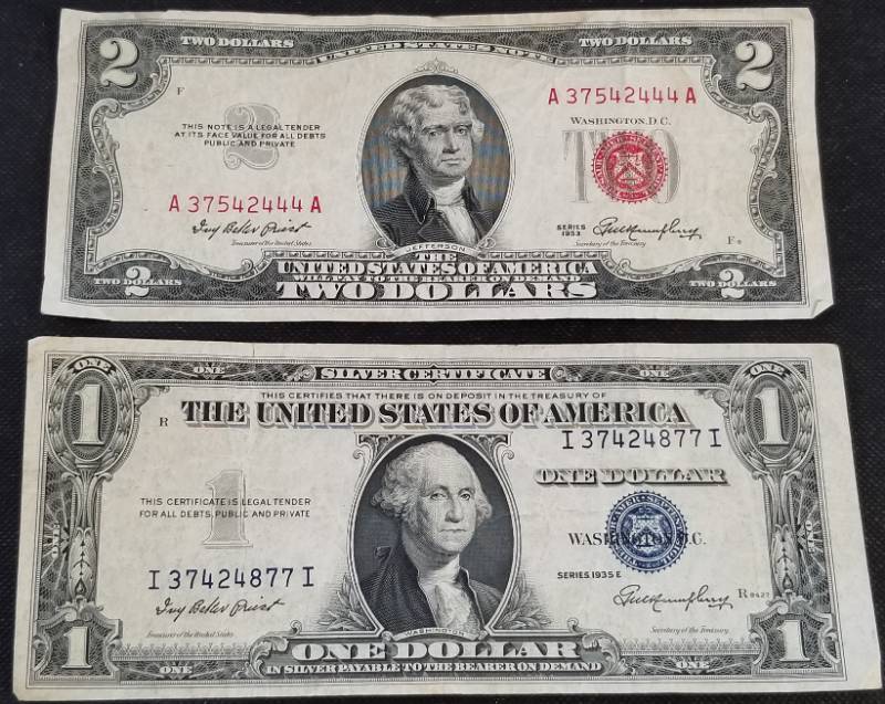 $5 & $2 Legal Tender Notes Red Seals $1 Silver Certificate Blue Dollar Bill 