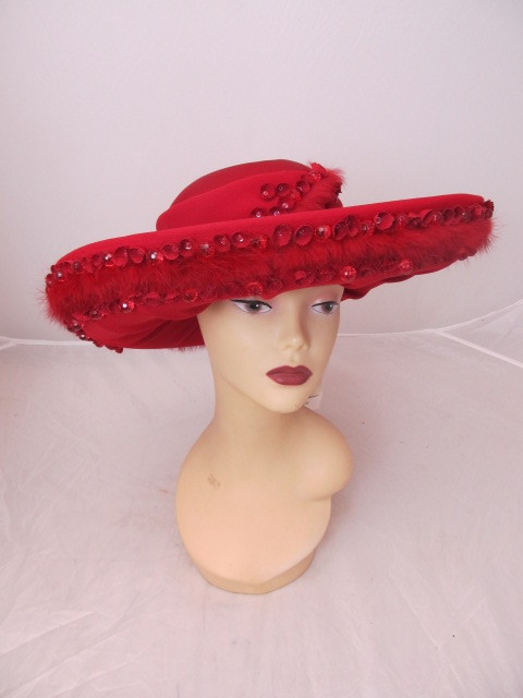 lot 16 image: Brand New ML STUDIO Fancy Hat - Red w Feathers & Bead Accent