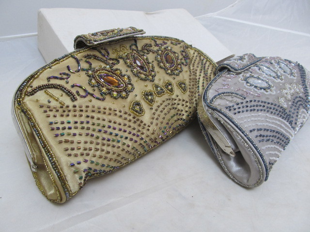 lot 20 image: Set of 2 Beautiful Hand Beaded Clutch Purses w Chain Straps - Silver & Bronze