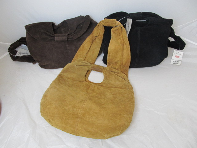 lot 41 image: Set of 3 JACQUELINE FERRAR Suede Leather Handbags - Tan, Brown, Black