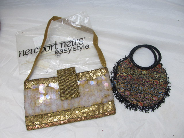 lot 45 image: Set of 2 Hand Made Beaded Purses - Gold Sequence Baguette & Round Handle Bag