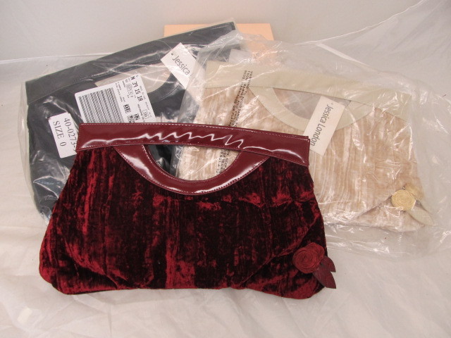 lot 47 image: Set of 3 BRAND NEW JESSICA LANDON Velvet Clutches - Red Velvet & Cream & Black Velvet