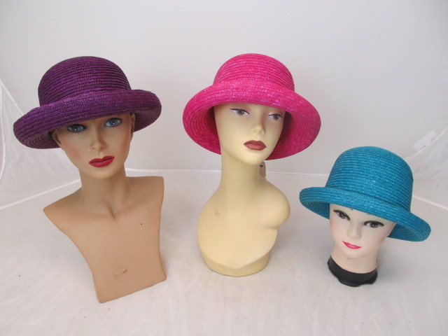 lot 6 image: Group of 3 BETMAR All Natural Ladies Straw Hats - Purple, Pink & Teal