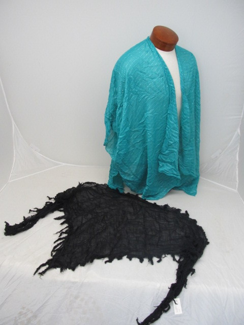 lot 104 image: New w Tags Womens Blue w Silver Poncho & Black Triangular Scarf