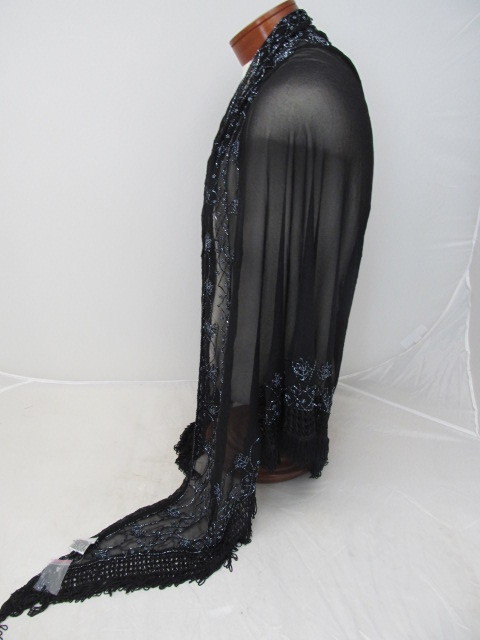 lot 103 image: Gorgeous Womens Ruana - Black Sheer Beaded Shades of Silver & Blues w Fringe