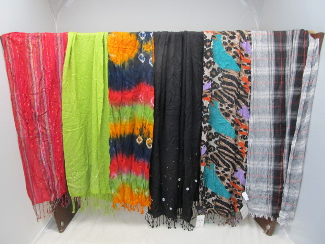 lot 128 image: Lot of Womens Colorful & Patterned Wide Fashionable Scarves w Fringe