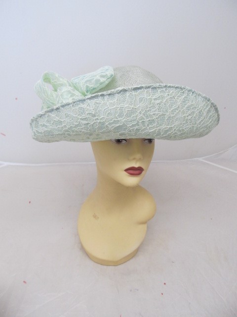 lot 135 image: Lace & Straw Ladies Fancy Hat - Mint Green Tint - Beading & Decorative Bow