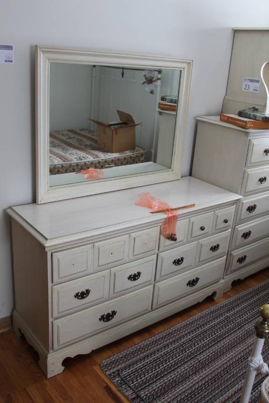 lot 22 image: White Wood 6-Drawer Dresser with White Wood Framed Mirror