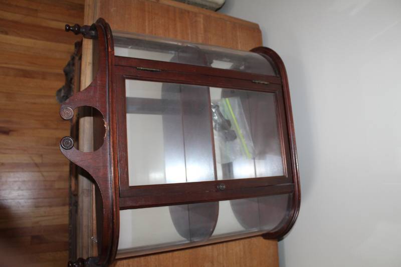 lot 26 image: 2-Shelf Wall-Mount Wood Curio Cabinet with Mirrored Back