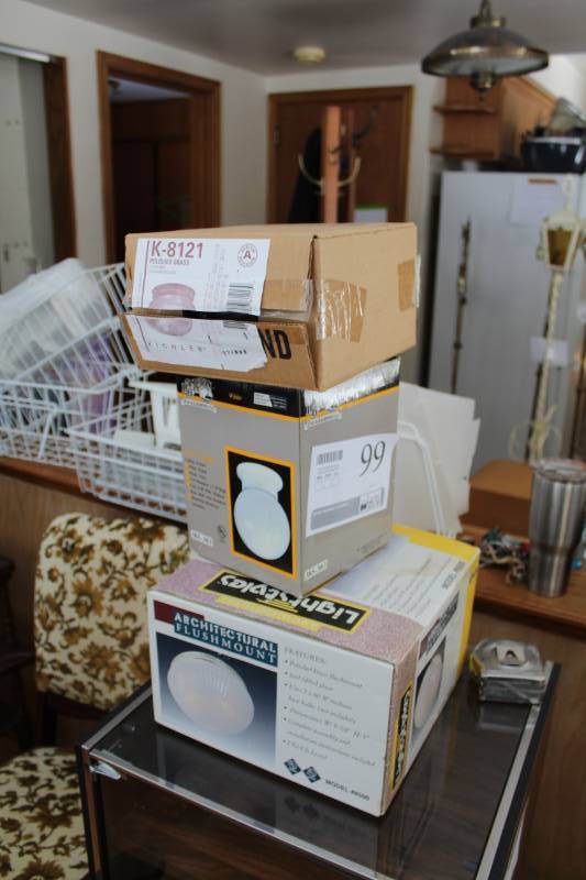lot 66 image: Kichler Polished Brass 60W Clear Ribbed Glass Ceiling Light, Hampton Bay 5.75in. Globe 60W Ceiling Fixture with White Finish and White Glass, Architectural Flushmount Ploshed Brass Iced Ribbed Glass 60W Ceiling Light