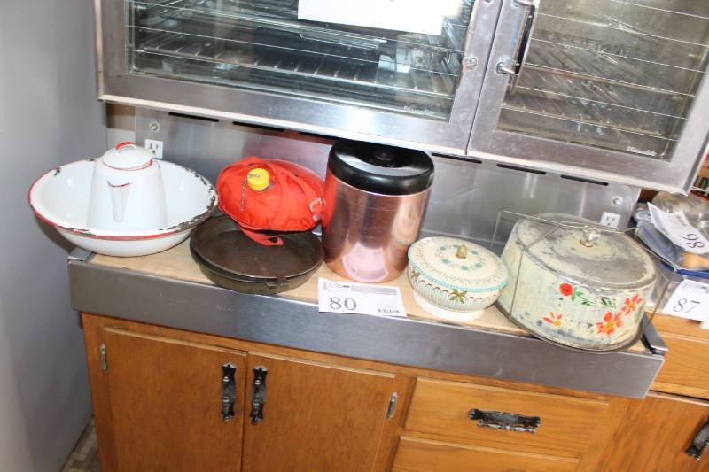 lot 80 image: Old Metal Cookware, Canteen, Storage Tins, Metal Pitcher with Wash Bowl