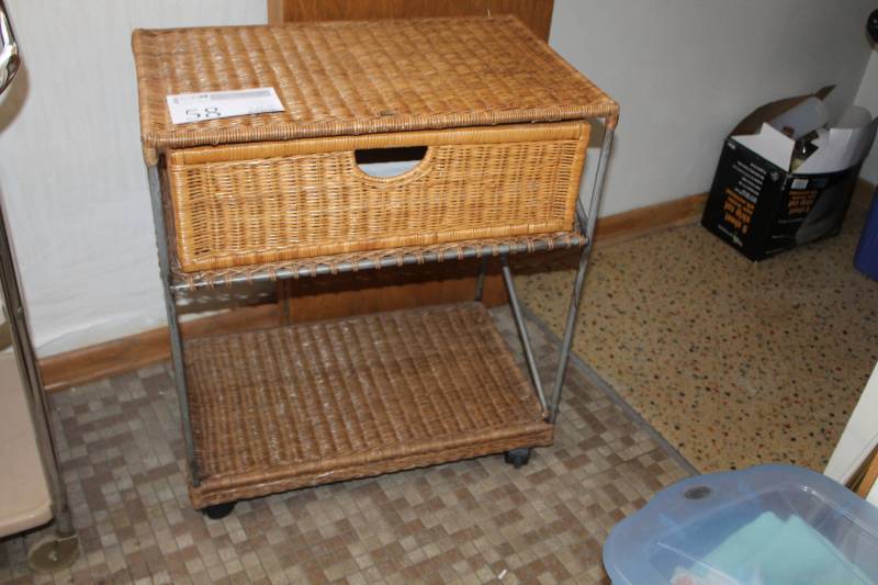 lot 58 image: Wicker 1-Drawer 1-Shelf Metal Rolling Table