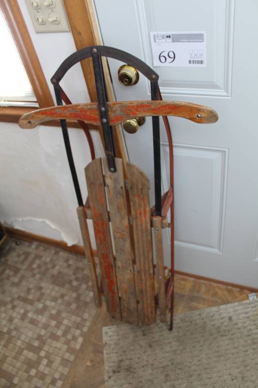 lot 69 image: Wood Snow Sled with Metal Frame and Rails