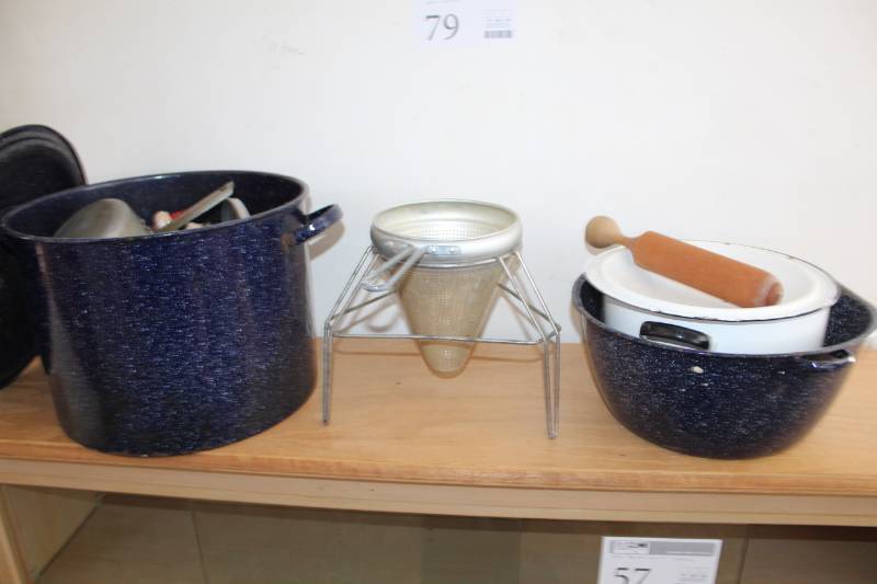 lot 79 image: Metal Kitchen Cookware, Utensils, Pots, Pans, Collander, Rolling Pin, Lids, And More