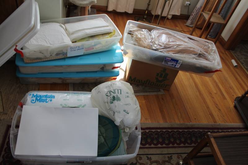 lot 109 image: Quilting and Crafting Supplies in Plastic Bins, Fabric Scraps