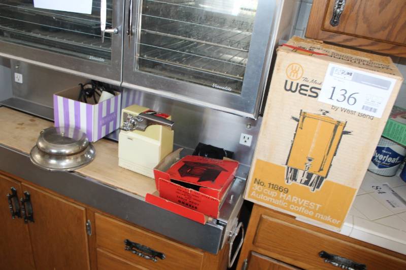 lot 136 image: Old Appliances, West Bend 30-Cup Harvest Yellow Automatic Coffee Maker, Can Opener, Sterno Cook Stove