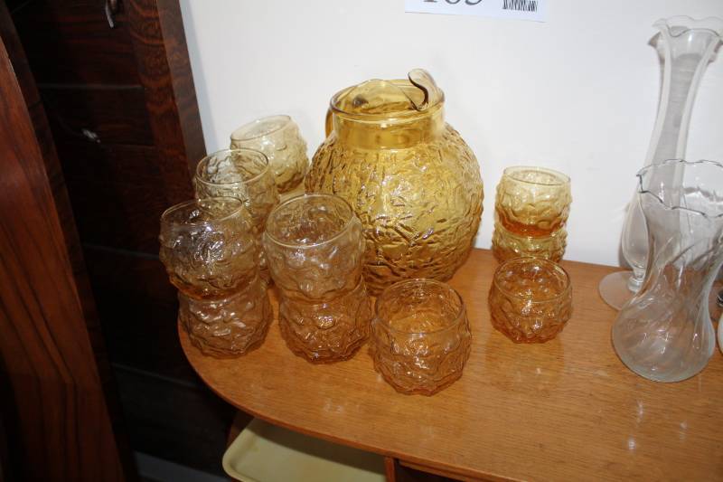 lot 165 image: Brown Glass Water Pitcher, 12-Brown Glass Water Glasses