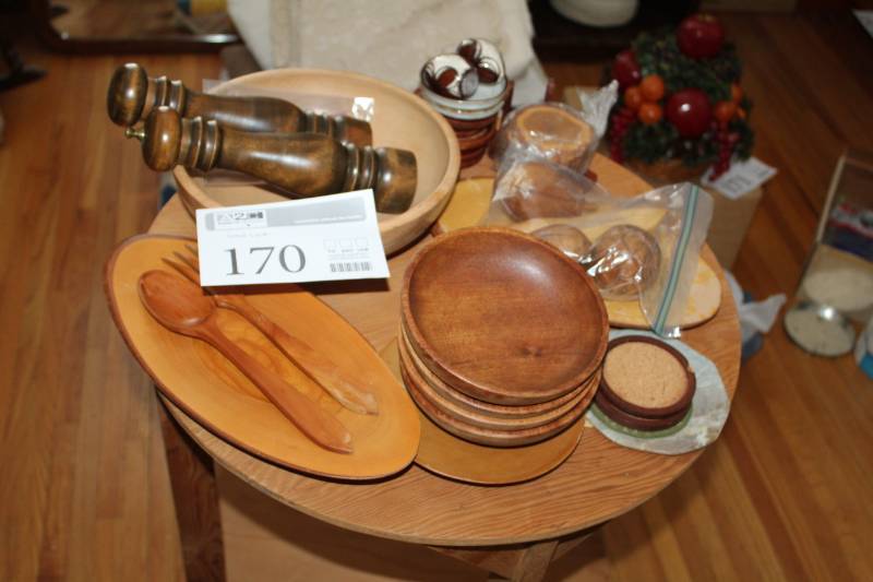lot 170 image: Wood Serving Bowls, Platter, Soup Bowls, Salad Serving SpoonFork, Salt & Pepper Shakers, Coasters, And More