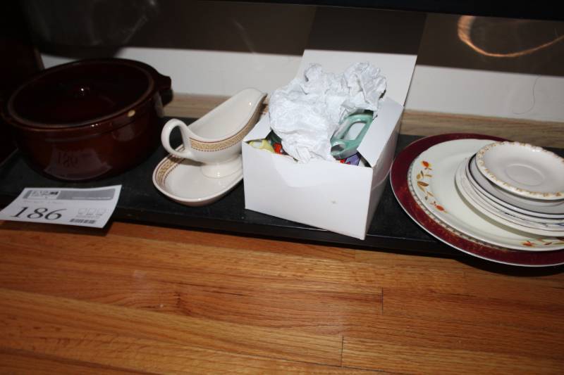 lot 186 image: Glass Bowl, Gravy Bowl with Saucer, Plates, And More