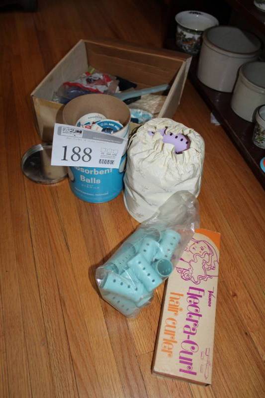 lot 188 image: Vintage Large Hair Curlers, Valmor Electra-Curl Hair Curler, Misc. Medical Supplies