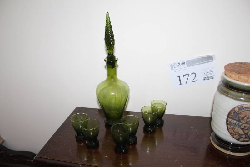 lot 172 image: Green Glass Decanter with Decorative Glass Stopper, 6-Green Glasses