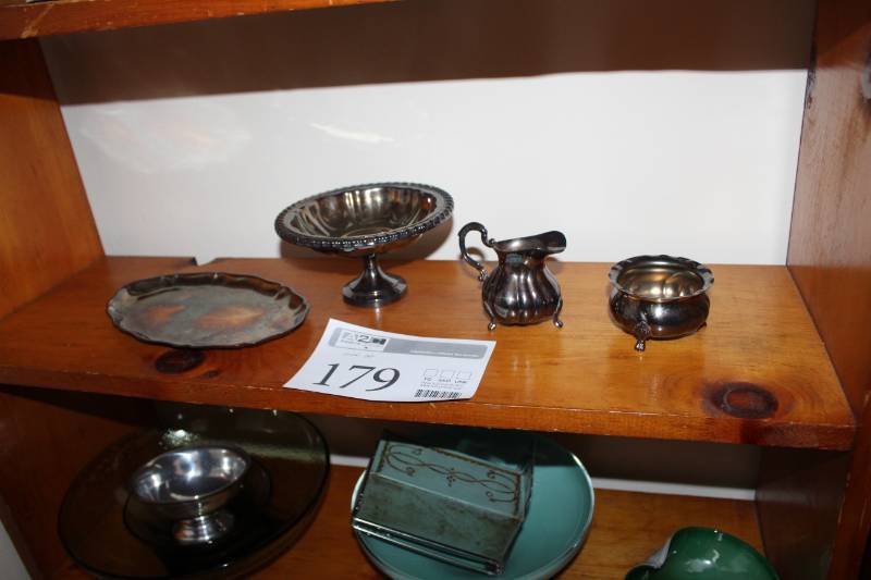 lot 179 image: Metal Serving Platter, Bowl, Pitcher, Serving Stand