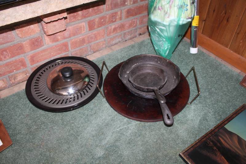 lot 226 image: Cast Iron Pans, Steamer, Serving Tray