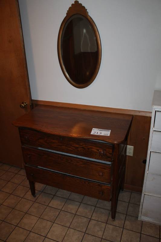 lot 213 image: Wood 3-Drawer Dresser, Wood Teardrop Frame Wall Mirror