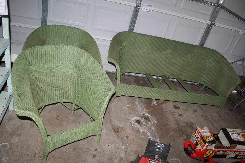 lot 230 image: 3-Piece Green Wicker Patio Furniture Set - Couch, Chair, Rocking Chair