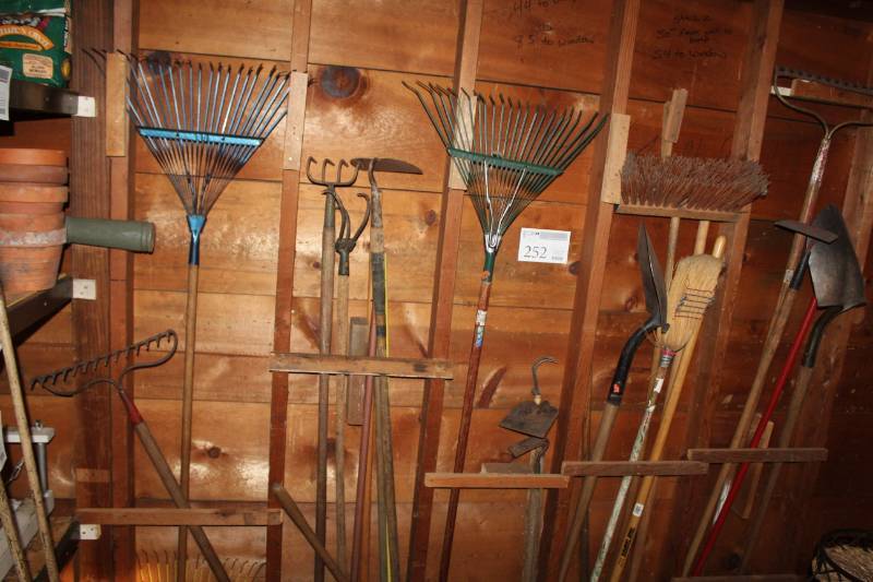 lot 252 image: Leaf Rakes, Steel Rake, Hoes, Spades, Brooms, Misc. Yard Tools