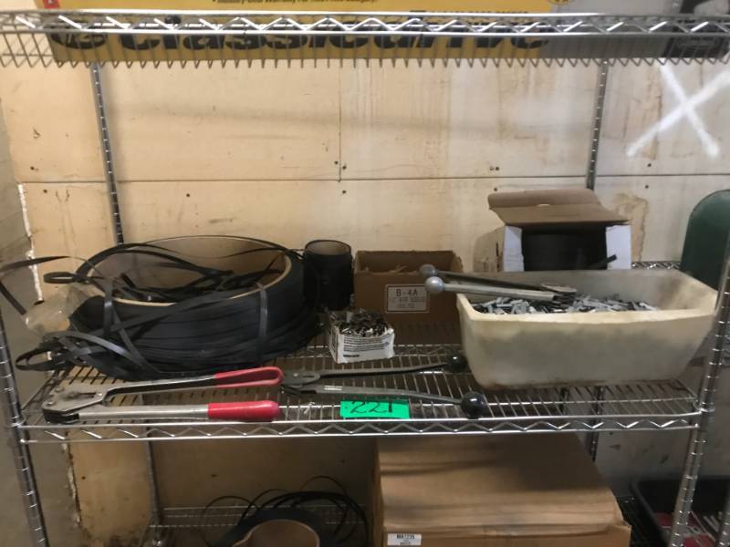 lot 221 image: Strapping Material 4 spools & 2 new in box 12 Model S-5692 (U-Line) & 3 tools & thousands of clips