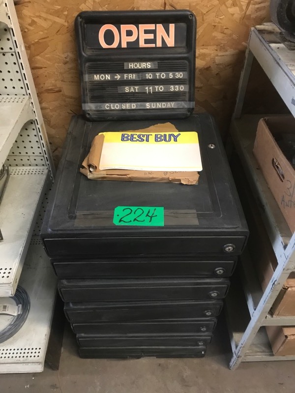 lot 224 image: Seven Cash Drawers with tills NCR, Open sign, 50 Best Buy signs
