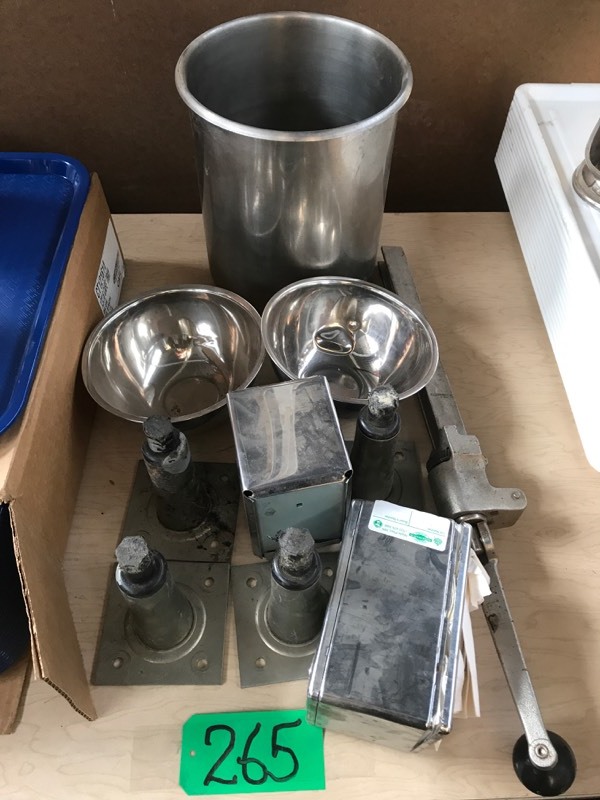 lot 265 image: Endlund Can Opener, stainless steel legs, bowls, Napkin Dispensers, and 12 Qt Pot