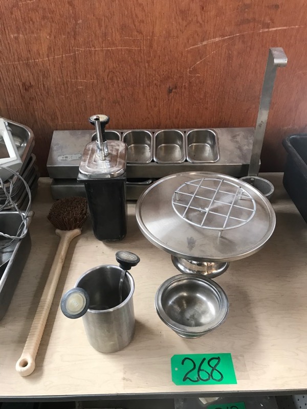 lot 268 image: 2 stainless steel Condiment Trays, Cake Stand etc
