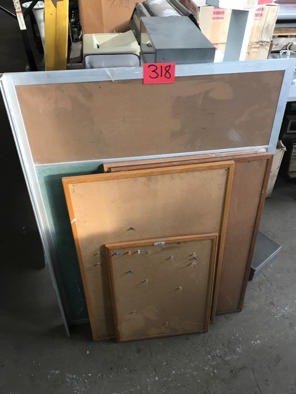 lot 318 image: Group of Signs Boards, Chalkboard 36x49L, White Board (2 24x36 New), Cork Boards