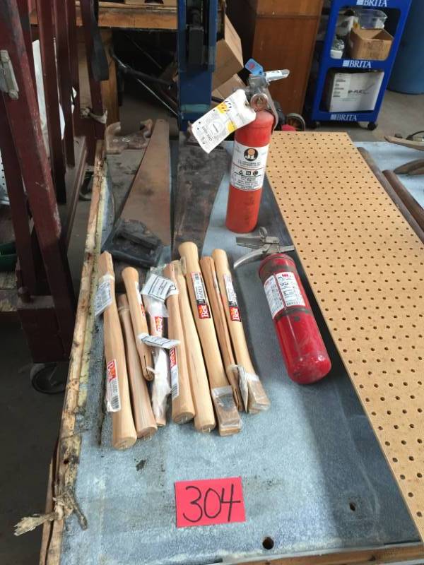 lot 304 image: Group of new Hammer Handles (9), Two Fire Extinguishers & 3 Hand Saws