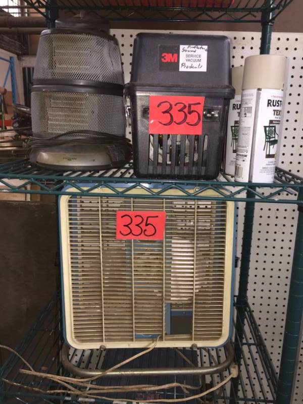 lot 335 image: Portable Vacuum, Heater & Fan all work, 4 cans paint