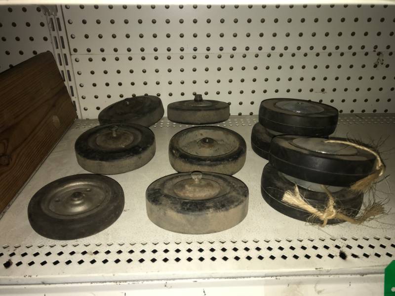 lot 209 image: Various Wheels (10), HD Peghooks (10) for rakes, shovels, hammers