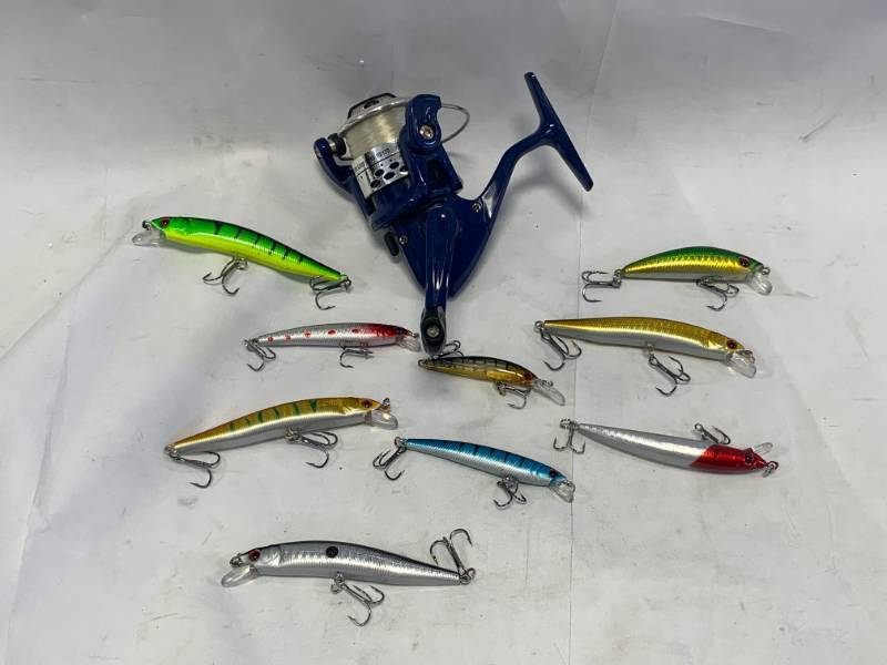 lot 52 image: Fishing Reel & 9 Fishing Lures