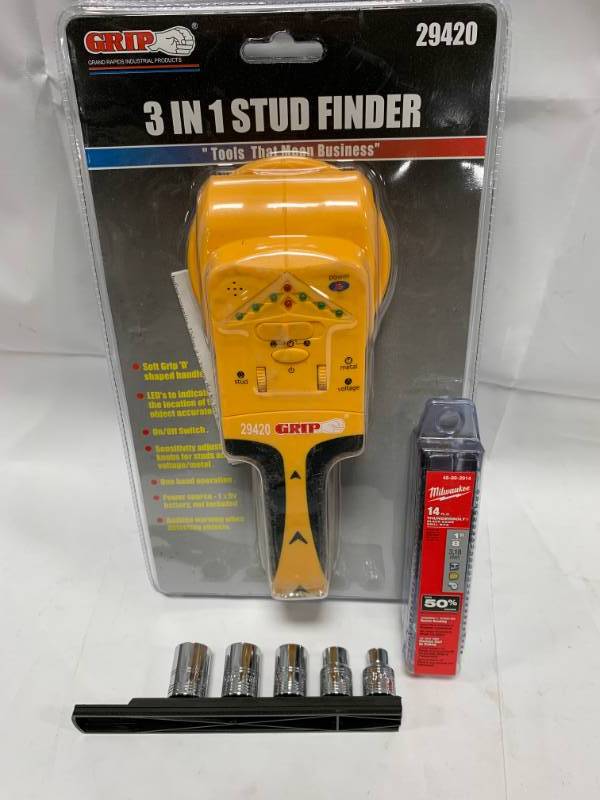 lot 102 image: New Studfinder, SK Socket Set, Milwaukee Drill Bit Set