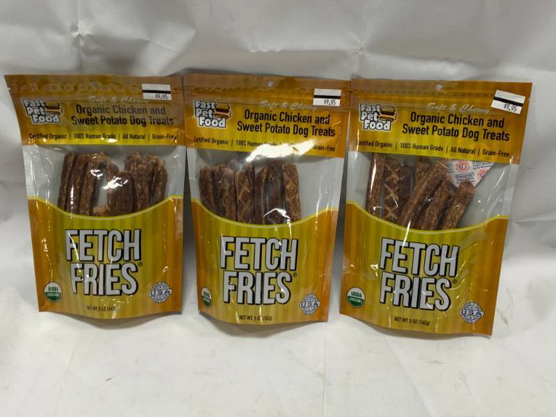 lot 107 image: Lot of 3 Fetch Fries Organic Dog Treats