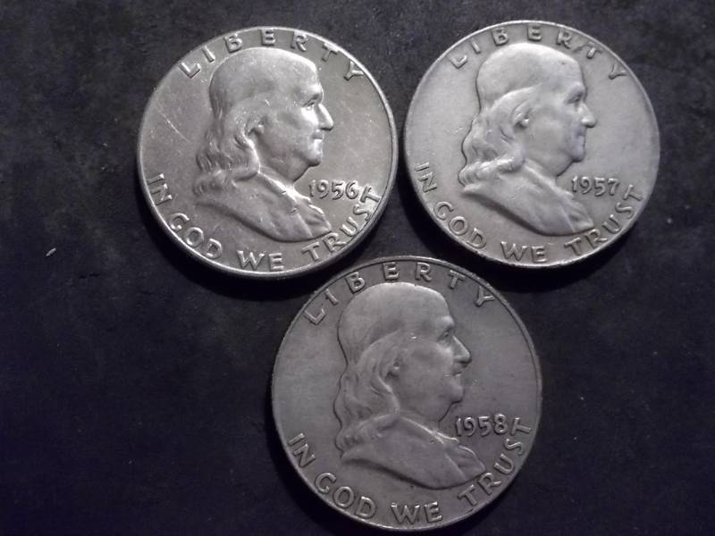 1956, 1957 D, 1958 D Franklin Half Dollars