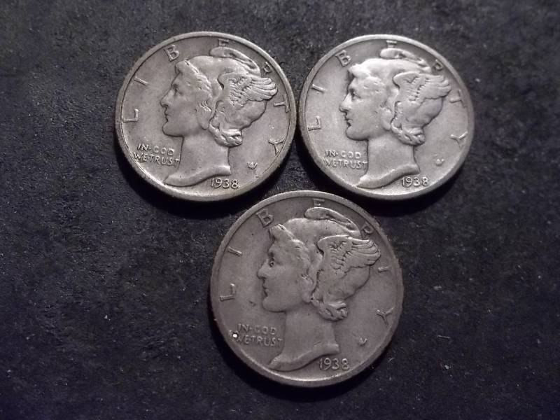 1938 P,D,S Mercury Dimes