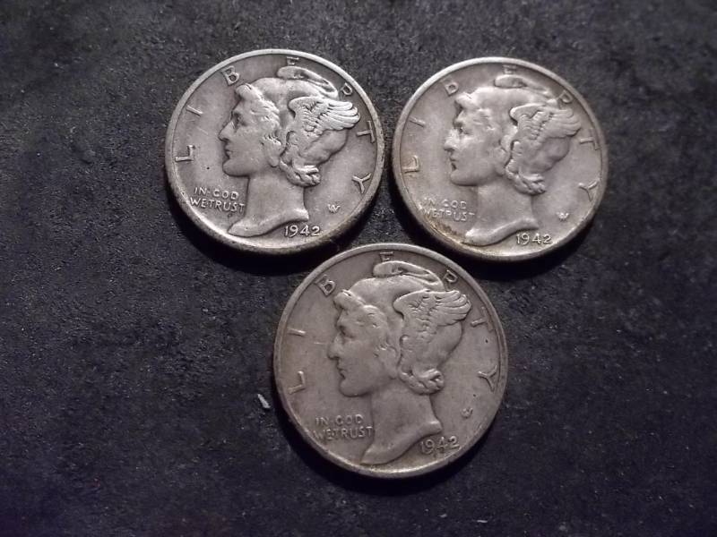 1942 P,D,S Mercury Dimes