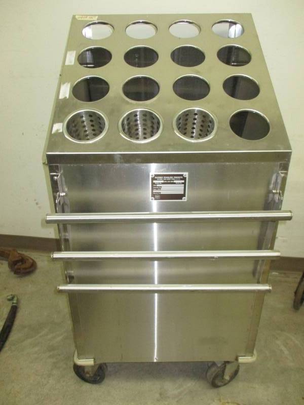 lot 79 image: Stainless Steel Dispenserd Cart You could use for a lot of things Its also on wheels Cup and Utinsils 2 of them at the size in pictures